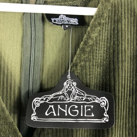 ANGIE Green Corduroy Cropped Jumpsuit Small NWT Stretch Surplice Button Boho - Picture 3 of 9